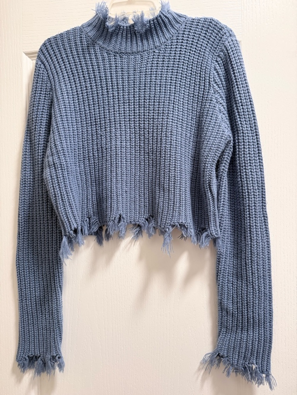 Love Tree Distressed Cropped Ribbed Mock Turtleneck Sweater - Blue